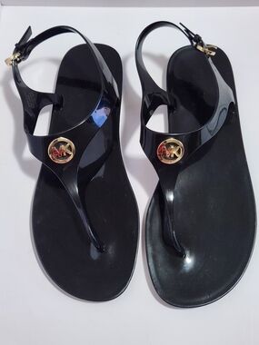 Michael Kors Minimalist Black Jelly Thong Sandals With Gold Mk Logo Size 11